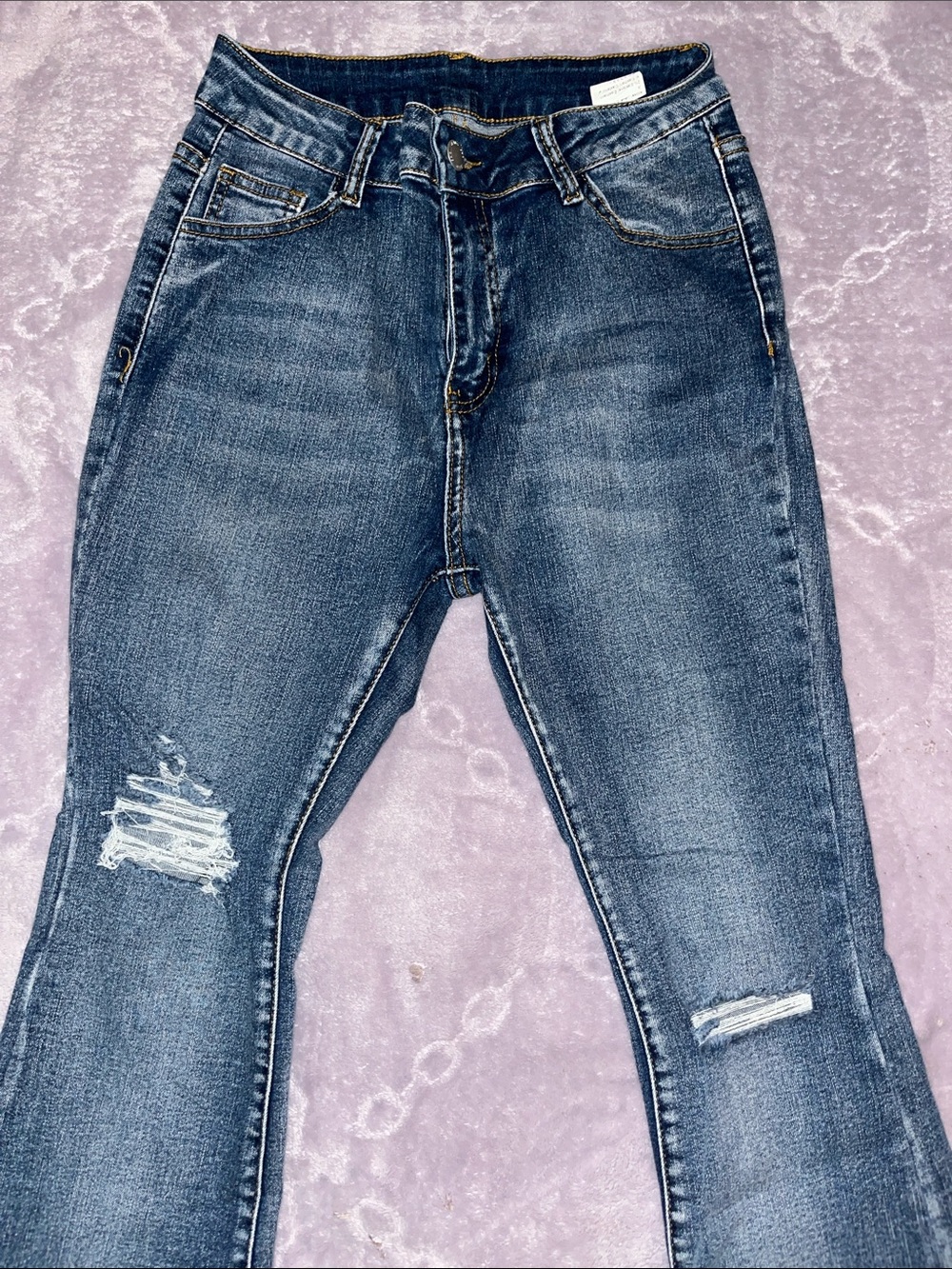 SHEIN Medium Blue Distressed Bootcut Jeans